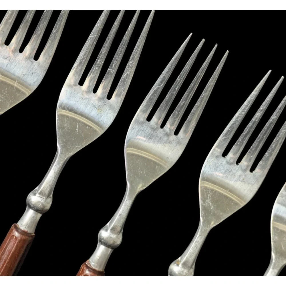 Vintage Oxford Hall Stainless Forks Japan Brown Plastic Handle 5 Pieces 1973 MCM